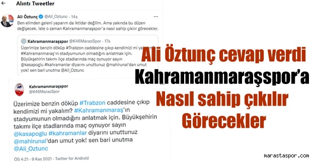 Taraftarların attığı Tweete sadece Ali Öztunç cevap verdi..