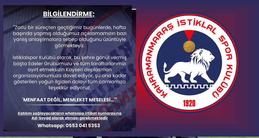 Kahramanmaraş İstiklalspor,’dan Taraftara Yeni Açıklama: “Menfaat Değil, Memleket Meselesi”