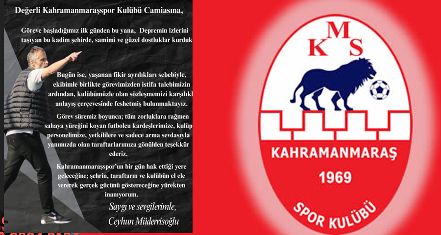 Kahramanmaraşspor’da Teknik Direktör Ceyhun Müderrisoğlu sosyal medya hesabından açıklama yaptı ve kamuoyuna duyurdu