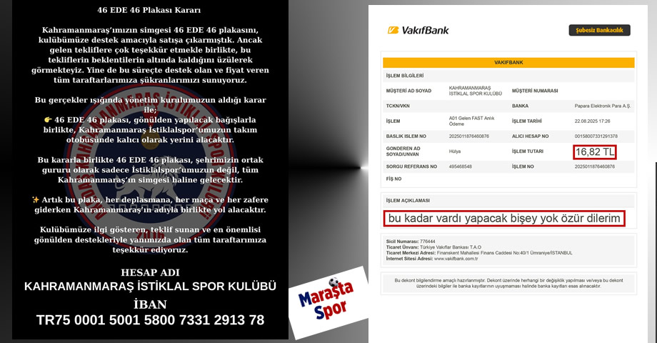 Kahramanmaraş İstiklalspor Yönetimi, 46 EDE 46 Plakası Hakkında Kararını Verdi: Kadın Taraftarın “Bu Kadar Vardı, Özür Dilerim” Notlu Bağışı ‘İyi Varsınız’ Dedirtti
