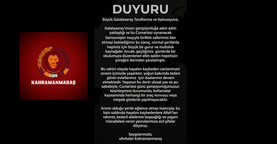 Kahramanmaraş UltrAslan’dan Duygusal Duyuru: Kutlamalar İptal Edildi