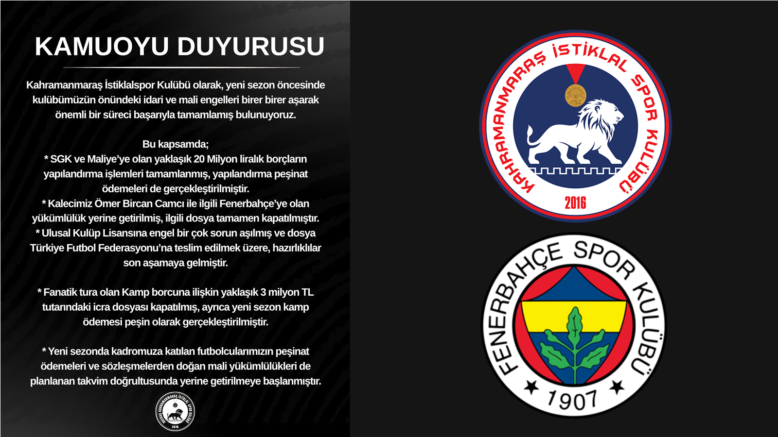 Kahramanmaraş İstiklalspor’da Kritik Süreç Tamamlandı: Fenerbahçe Dahil 4 Dosya Kapatıldı