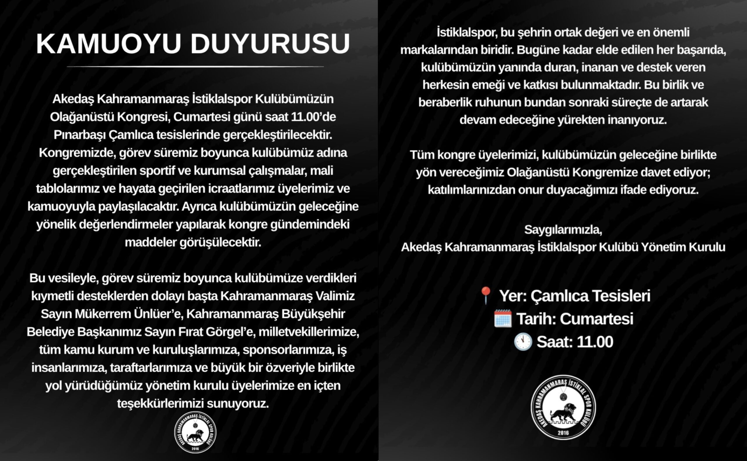Kahramanmaraş İstiklalspor’da Beklenen Resmi Açıklama Geldi: Olağanüstü Kongre Cumartesi Günü Yapılacak