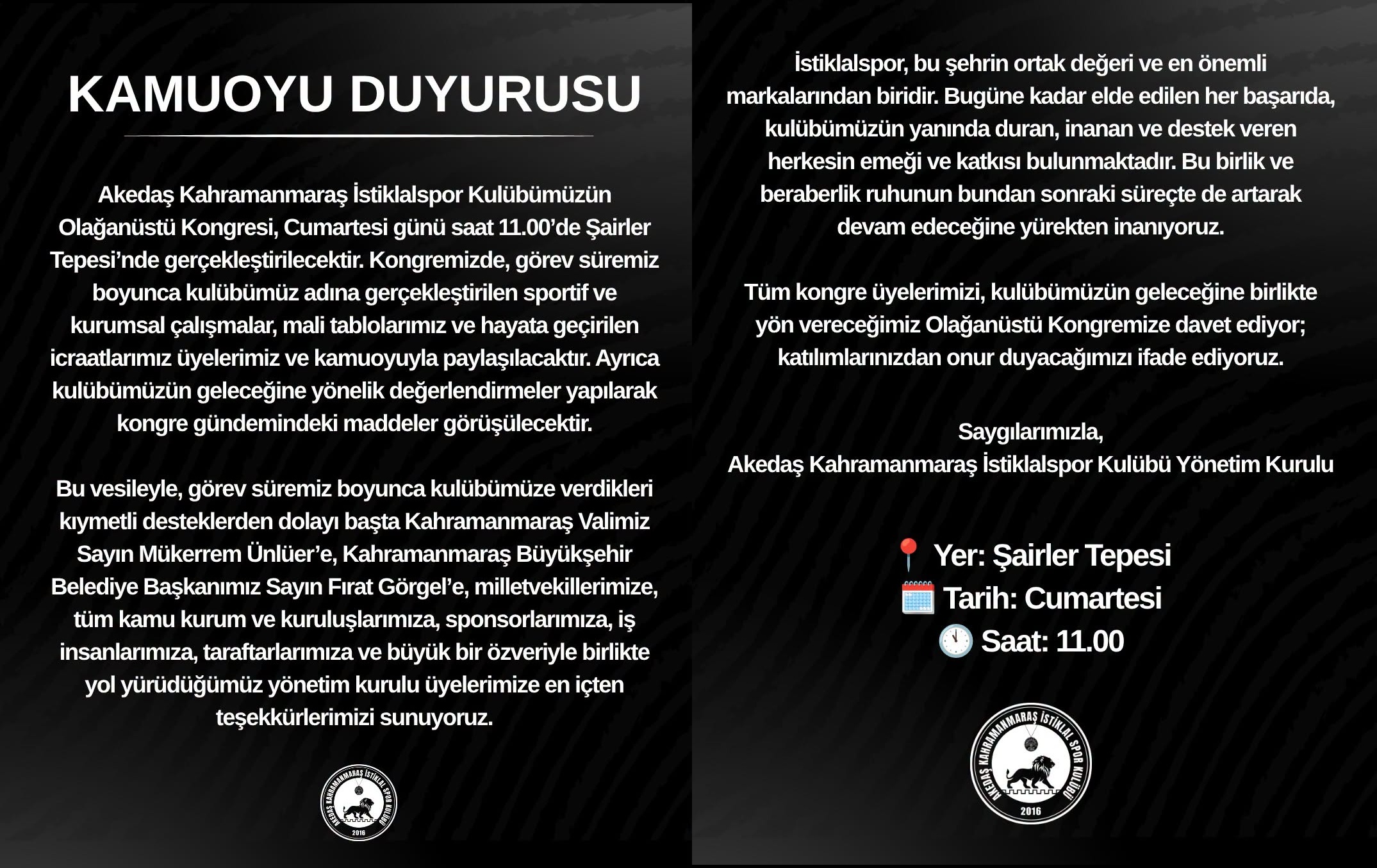 Kahramanmaraş İstiklalspor’da Beklenen Resmi Açıklama Geldi: Olağanüstü Kongre Cumartesi Günü Yapılacak