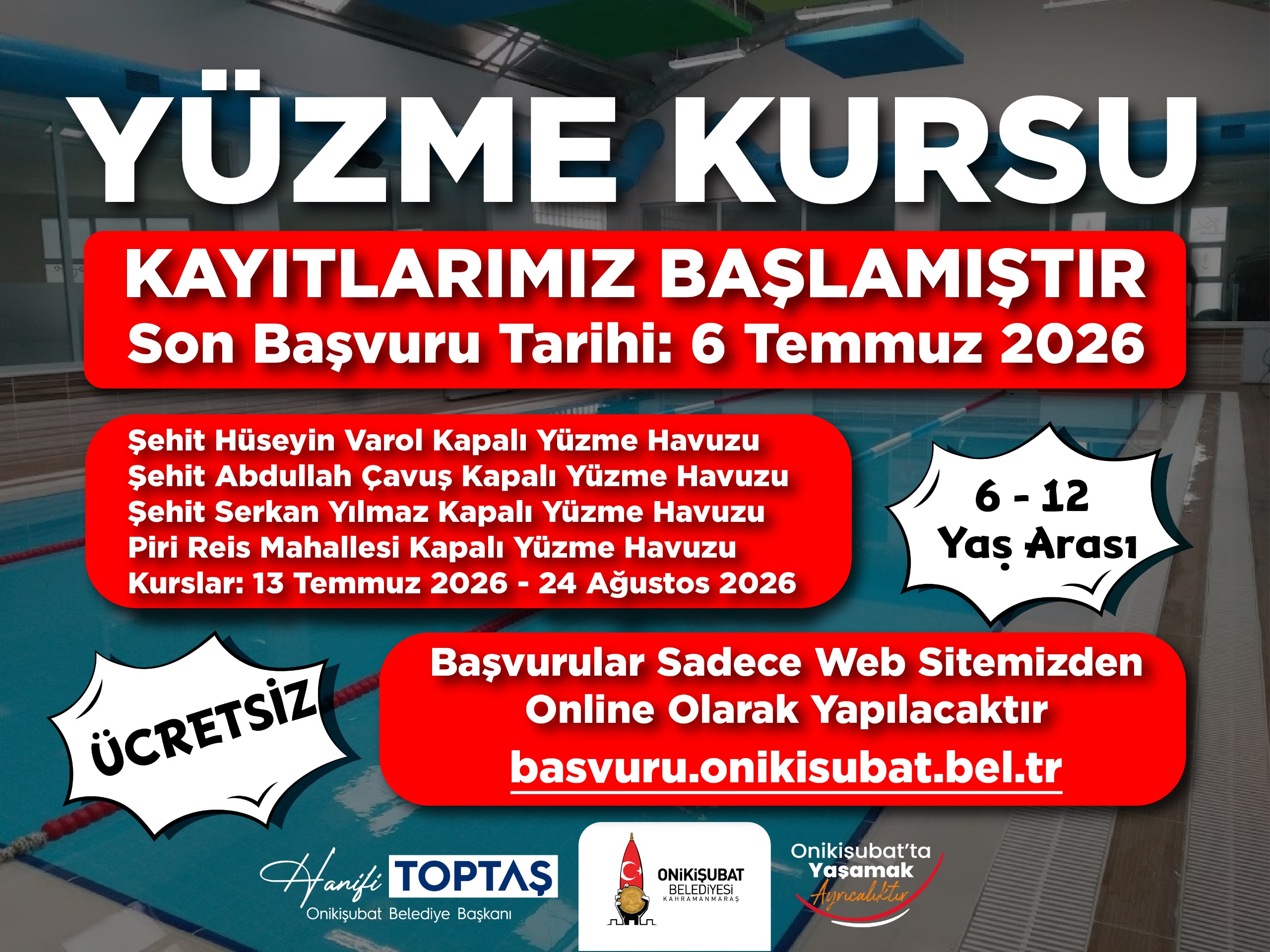 Onikişubat Belediyesi’nin ücretsiz Yaz Yüzme Kursları’na kayıtlar devam ediyor