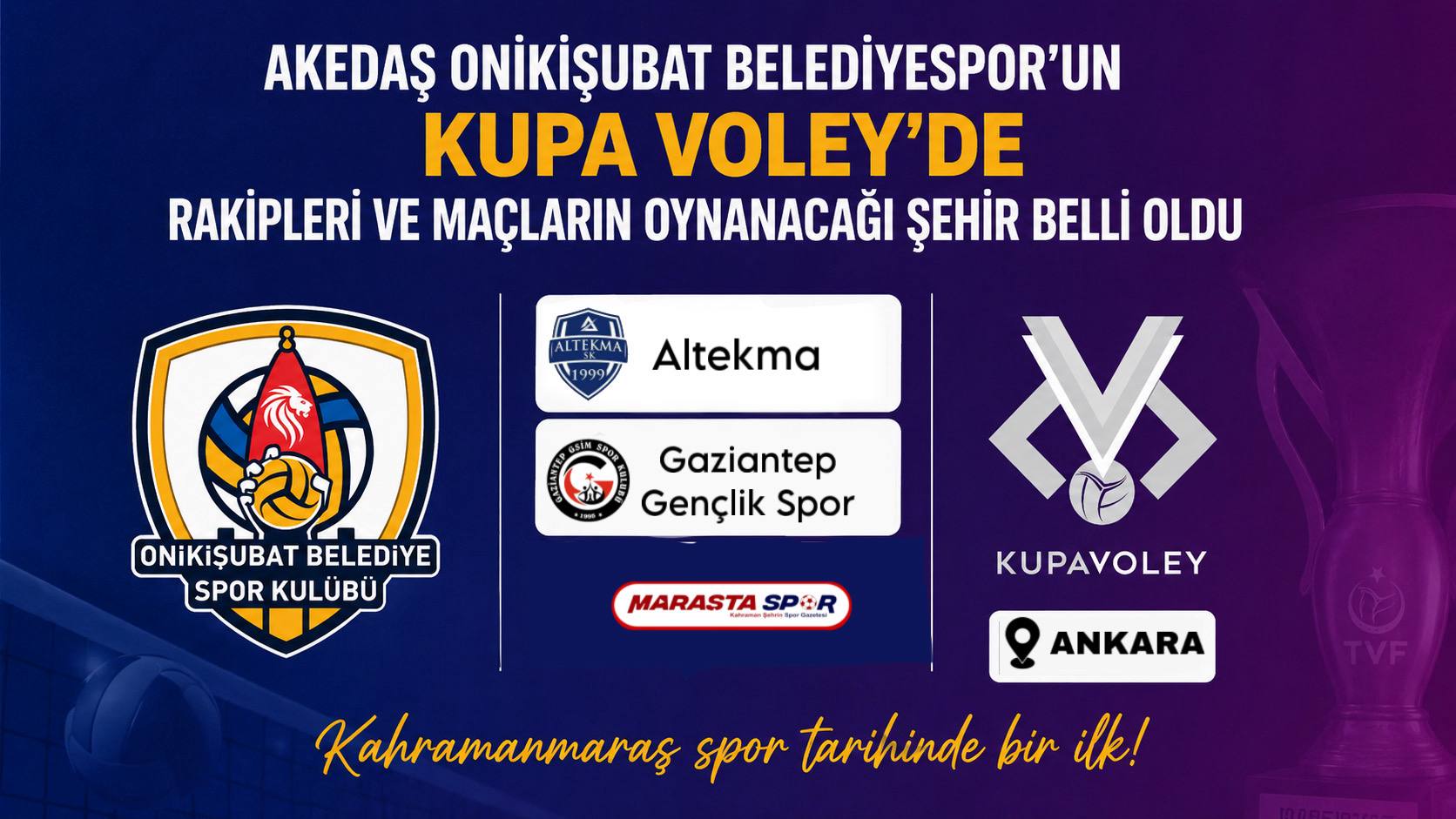 Onikişubat’ın Kupa Voley’de Rakipleri ve Maçların Oynanacağı Şehir Belli Oldu  Kahramanmaraş spor tarihinde bir ilk!