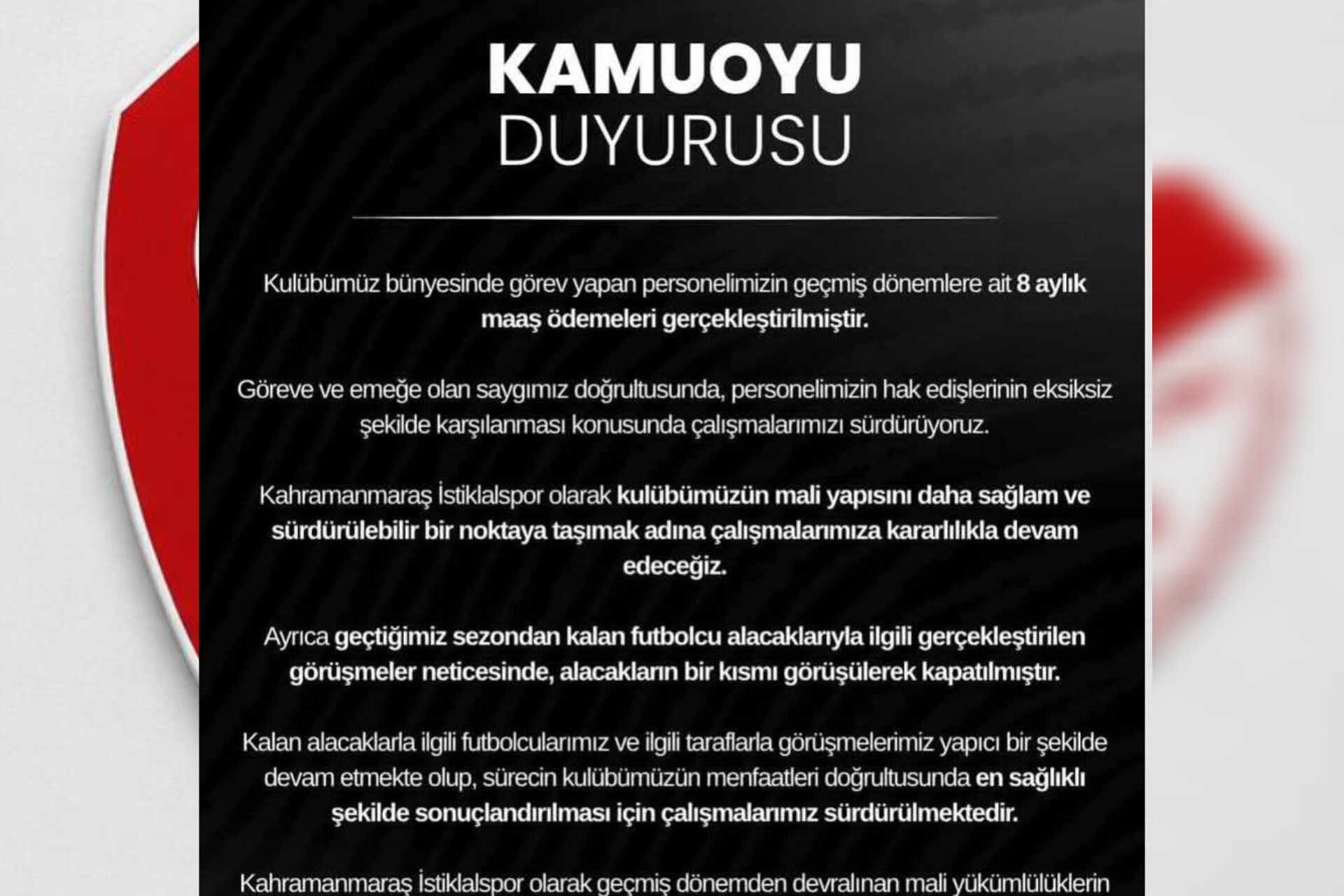 Akedaş Kahramanmaraş İstiklalspor’dan Mali Yapıya İlişkin Kamuoyu Açıklaması