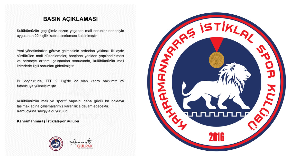 Kahramanmaraş İstiklalspor’dan Sevindiren Haber! Kadro Hakkı Yükseltildi